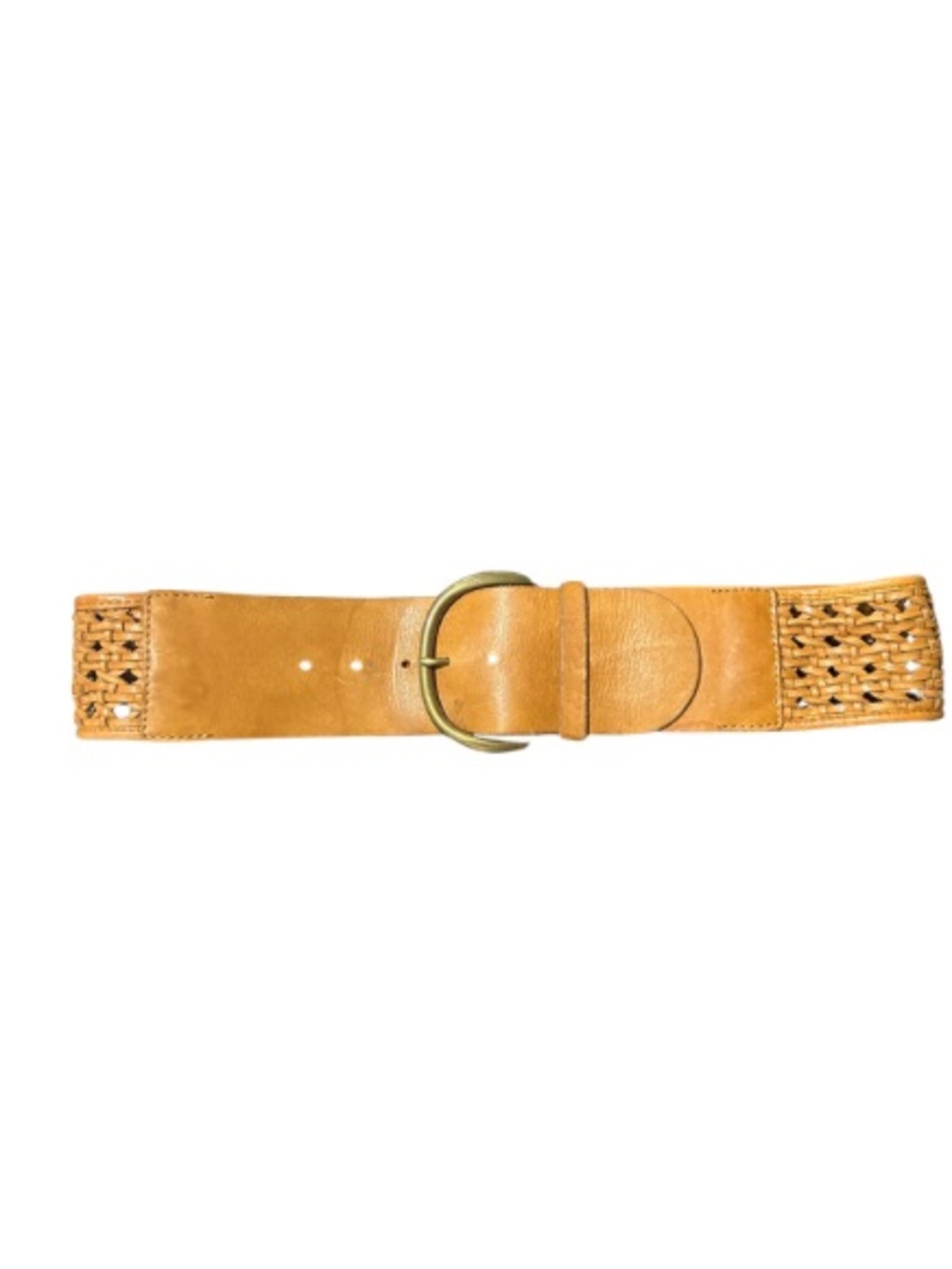 Wide Tan Woven Leather Belt with Brass Buckle